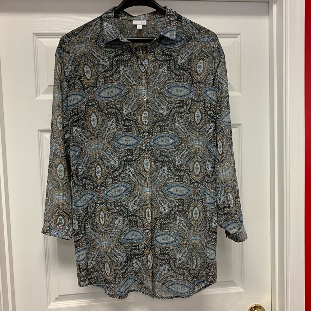 J. Jill Blue & Gold Paisley Sheer Button Down Long Top sz L EUC